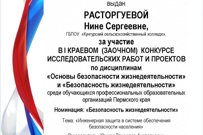 I Краевой конкурс исследовательских работ и проектов по дисциплинам ОБЖ и БЖД среди обучающихся профессиональных образовательных организаций Пермского края