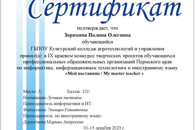 IX краевой конкурс творческих проектов обучающихся профессиональных образовательных организаций Пермского края по информатике, информационным технологиям и иностранному языку «Мой наставник / My master teacher»